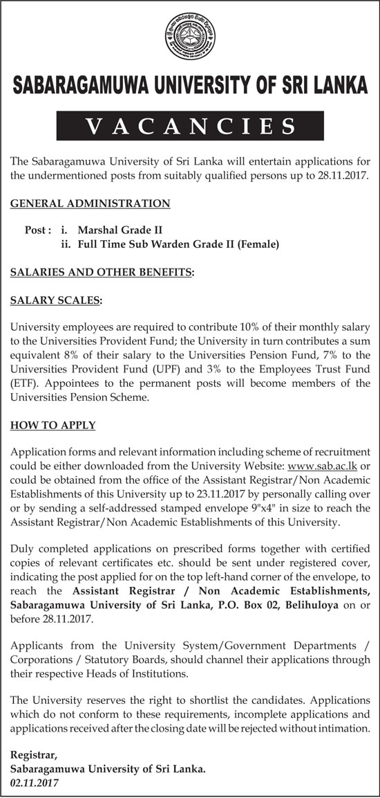 Marshal, Full Time Sub Warden (Female) - Sabaragamuwa University